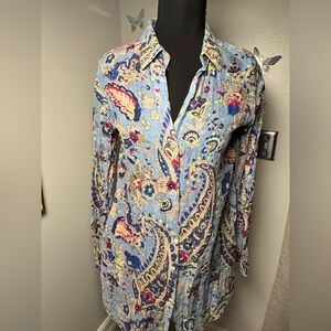Paisley Print Button-Down Tunic Shirt - Blue Pockets 100% cotton Beautiful